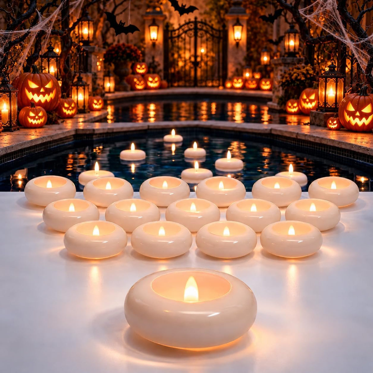 Aignis 24 Pack Waterproof Flameless Floating Candles, 200-Hour Battery Operated 2.2" LED Tea Lights, Water-Activated Flickering Warm White Glow for Halloween, Wedding Centerpieces, Pool