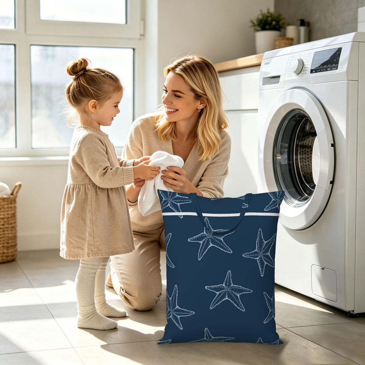 "ocean starfish navy blue beach 2-Pack Travel Laundry Bags for Dirty Clothes- Large Waterproof Laundry Tote, Wet & Dry Use, Reusable Foldable Carry Handles for Vacation, Gym & Dorm"
