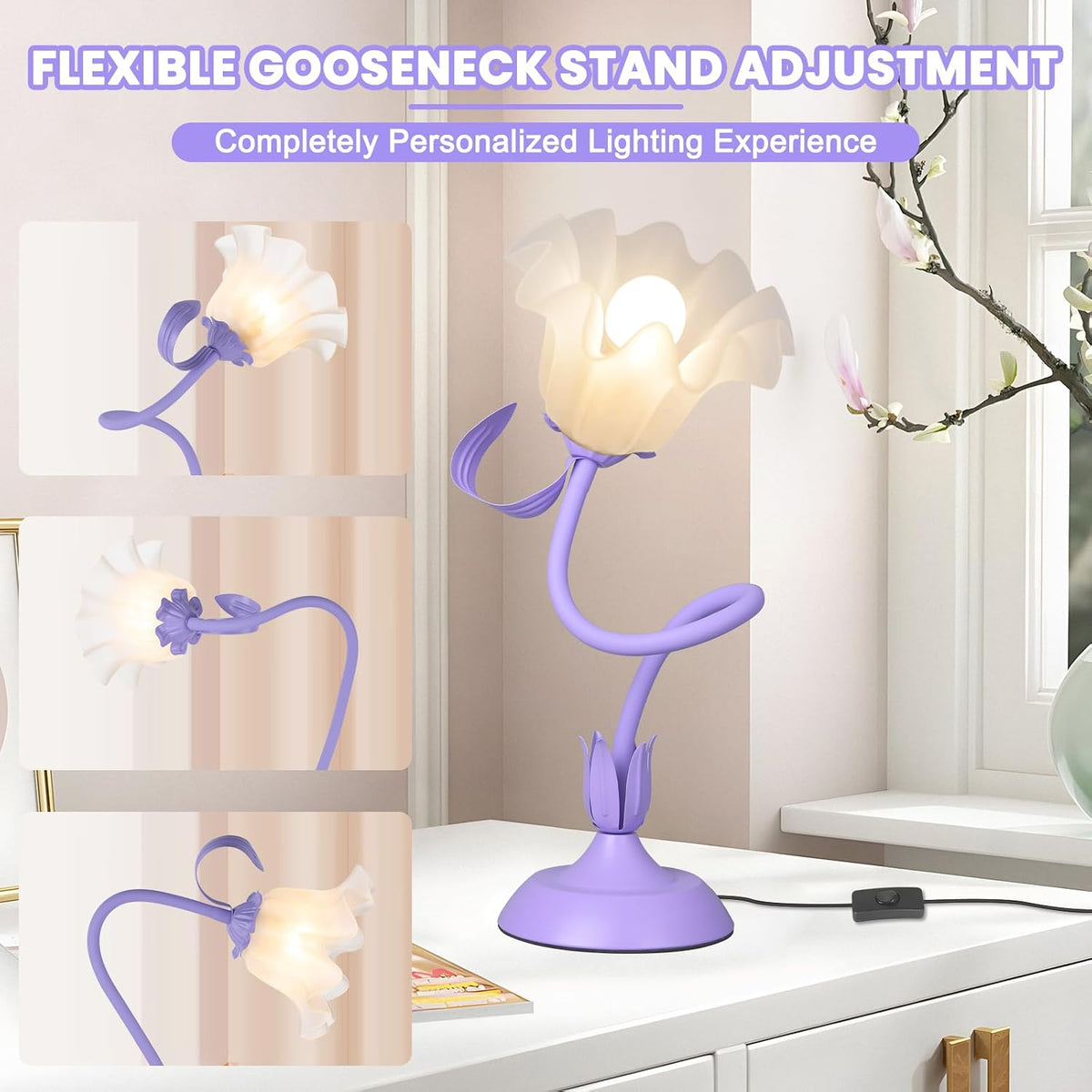 Flower Desk Lamp, LED Reading Light Flower Table Lamp, 3 Colors Flower Lamp for Girls Bedroom, Adjustable Flexible Nightstand Lamps, Bedside Table Lamp for Bedroom, Living Room, Home Decor (Purple)