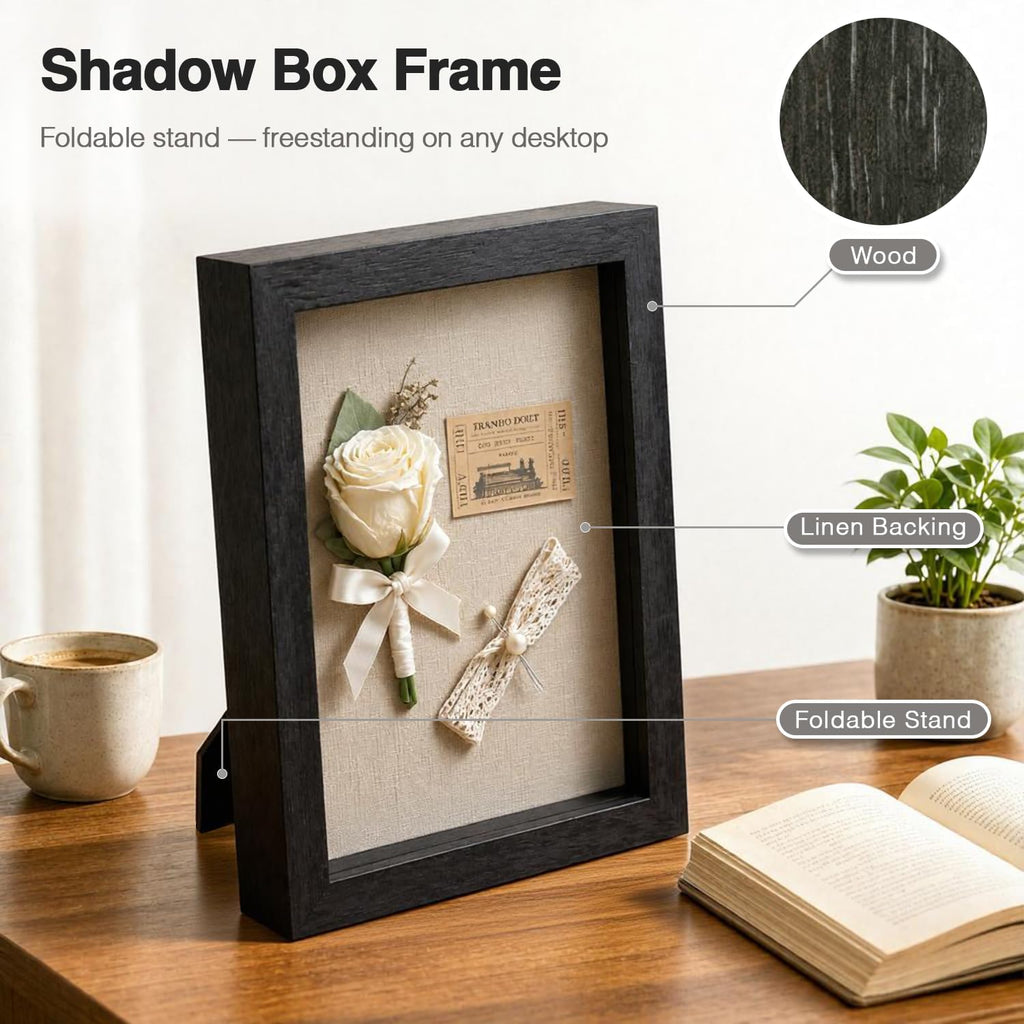 5x7 Shadow Box Picture Frame, 4-Pack Linen Back, Keepsake, Black