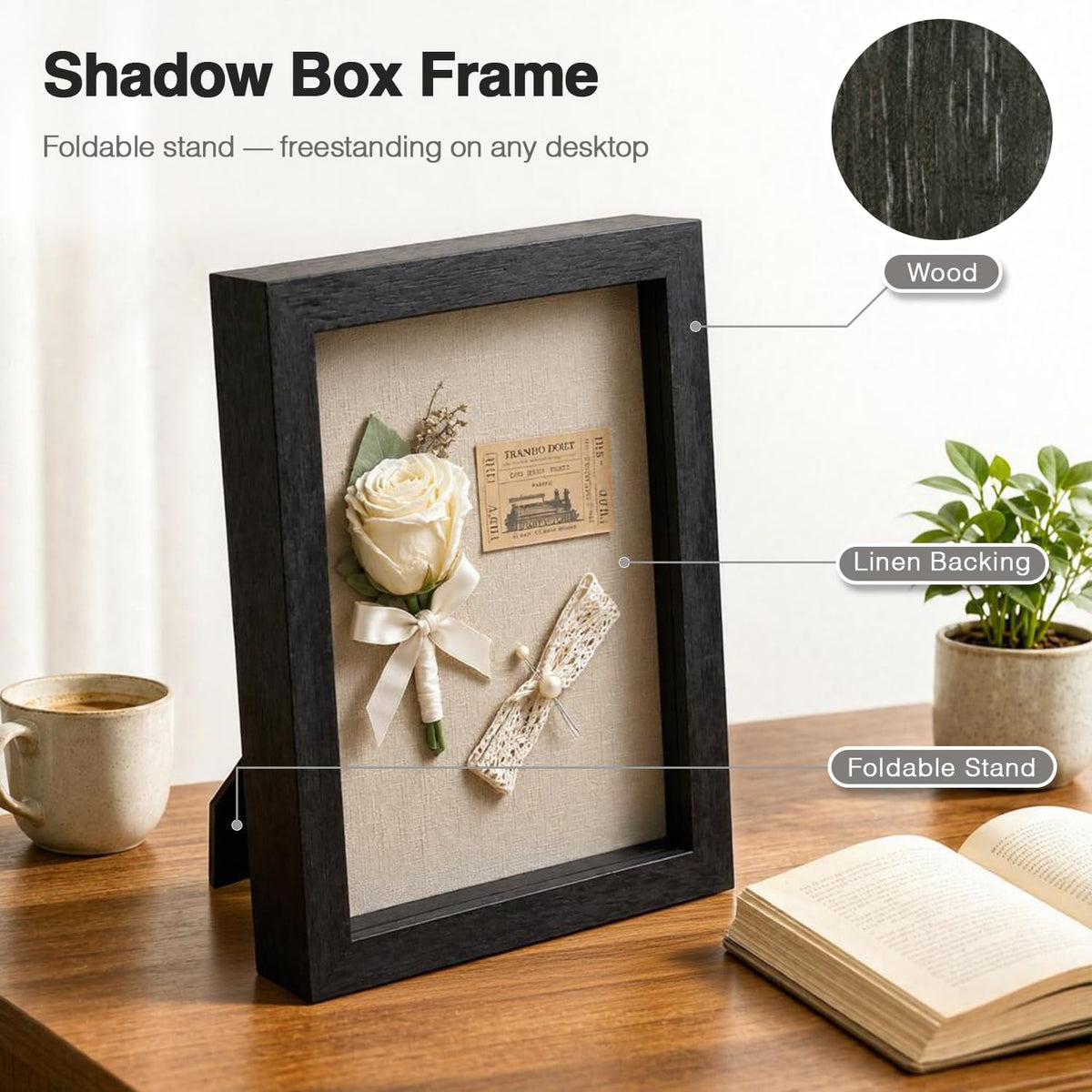 5x7 Shadow Box Picture Frame, 4-Pack Linen Back, Keepsake, Black