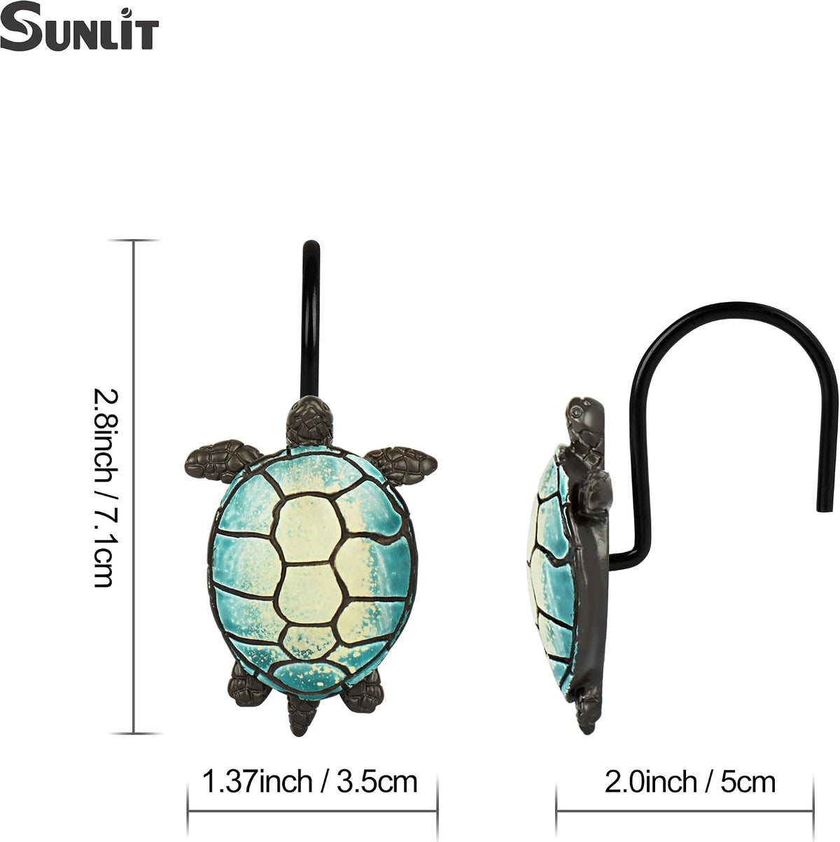 Sunlit Sea Turtle Shower Curtain Hooks, Home Decorative Shower Curtain Rings with Black Hooks for Bathroom, Resin, Ocean Shower Curtain Hanger Hooks for Kid Room Living Room, Set of 12