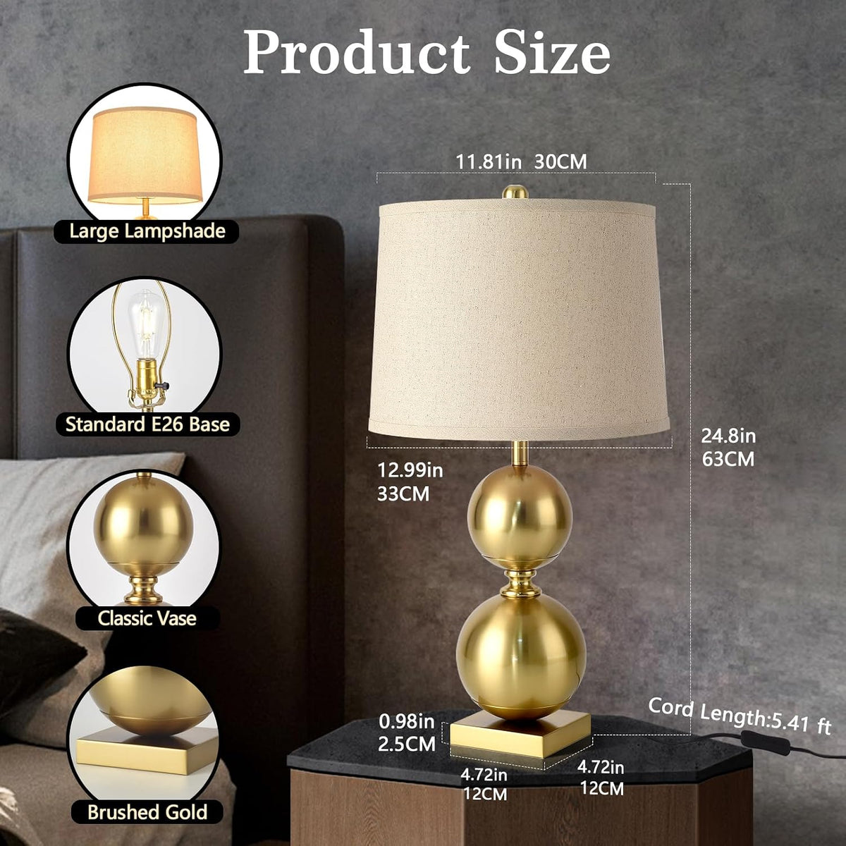 Ziqqeelam 24.8" Gold Tall Table Lamp, Contemporary Table Lamps Single for Living Room, Vase Modern Buffet Table Lamp Single for Bedroom, Nightstand, Bedside, End Table, Entry Way