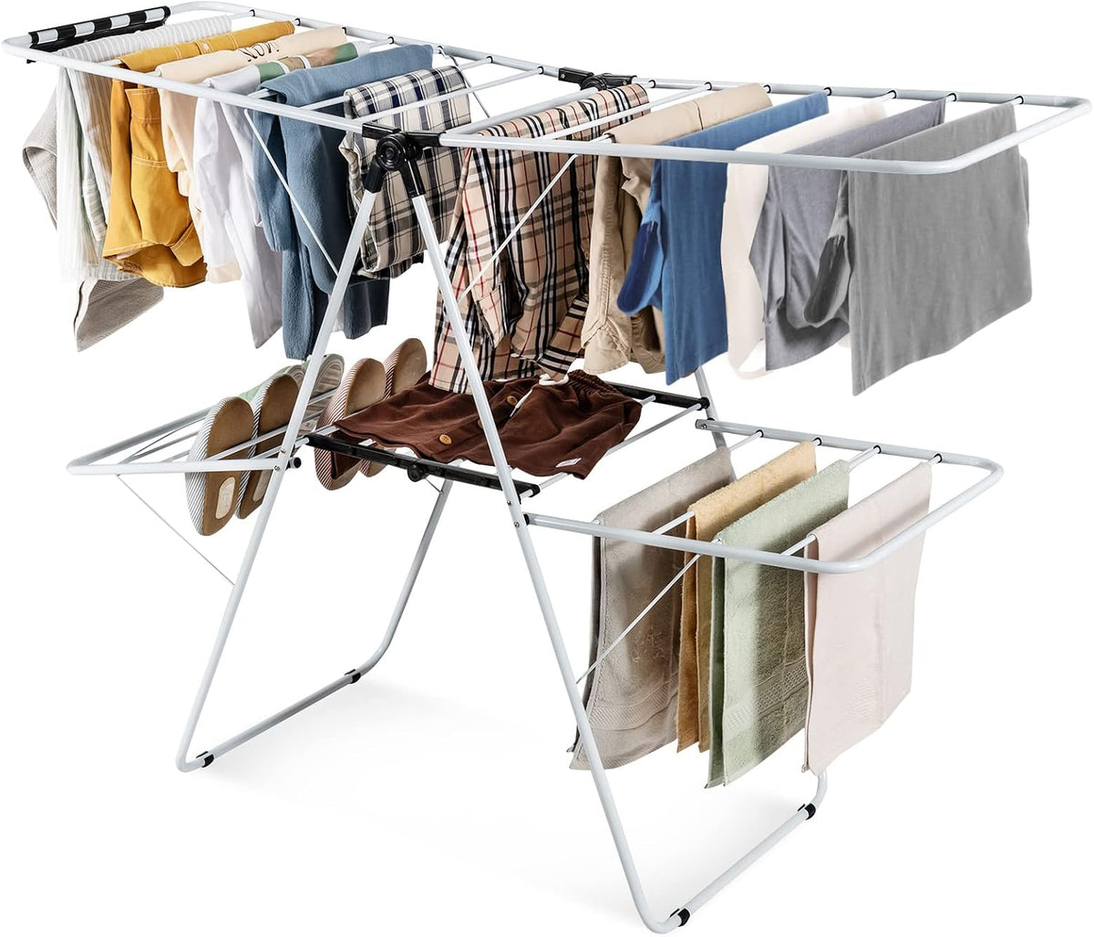 Nightcore 2-Layer Clothes Drying Rack, Aluminum Drying Rack with Adjustable Height, No Assembly Need, Compact Foldaway Gullwing Laundry Rack for Indoor Outdoor