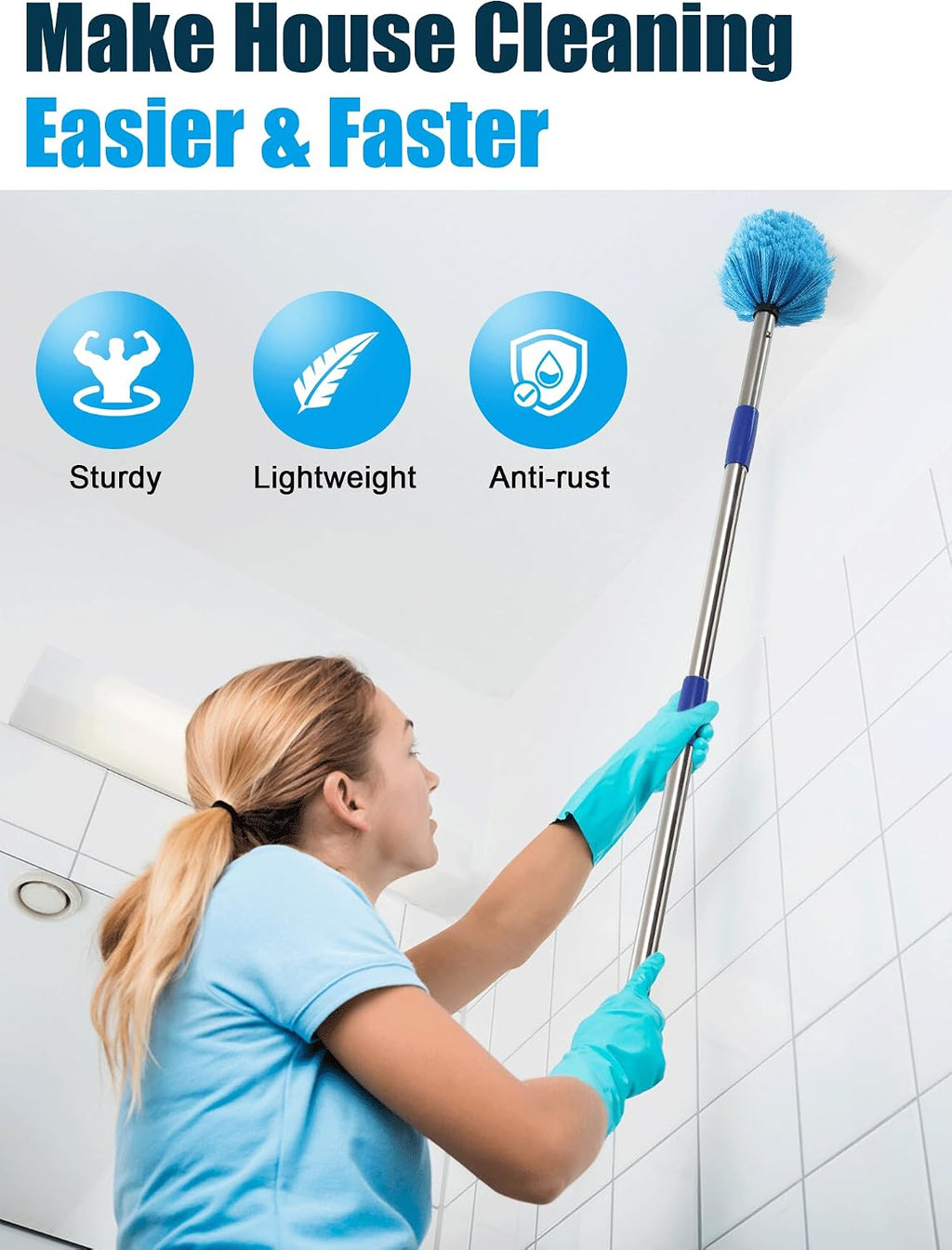 Cobweb Duster with Extension Pole, 10 ft Spider Web Brush for Outdoor House Cleaning, Cob Web Remover for High Ceilings Fans, Medium-Stiff Bristles Head, Adjustable Long Handle, Lightweight Cleaner
