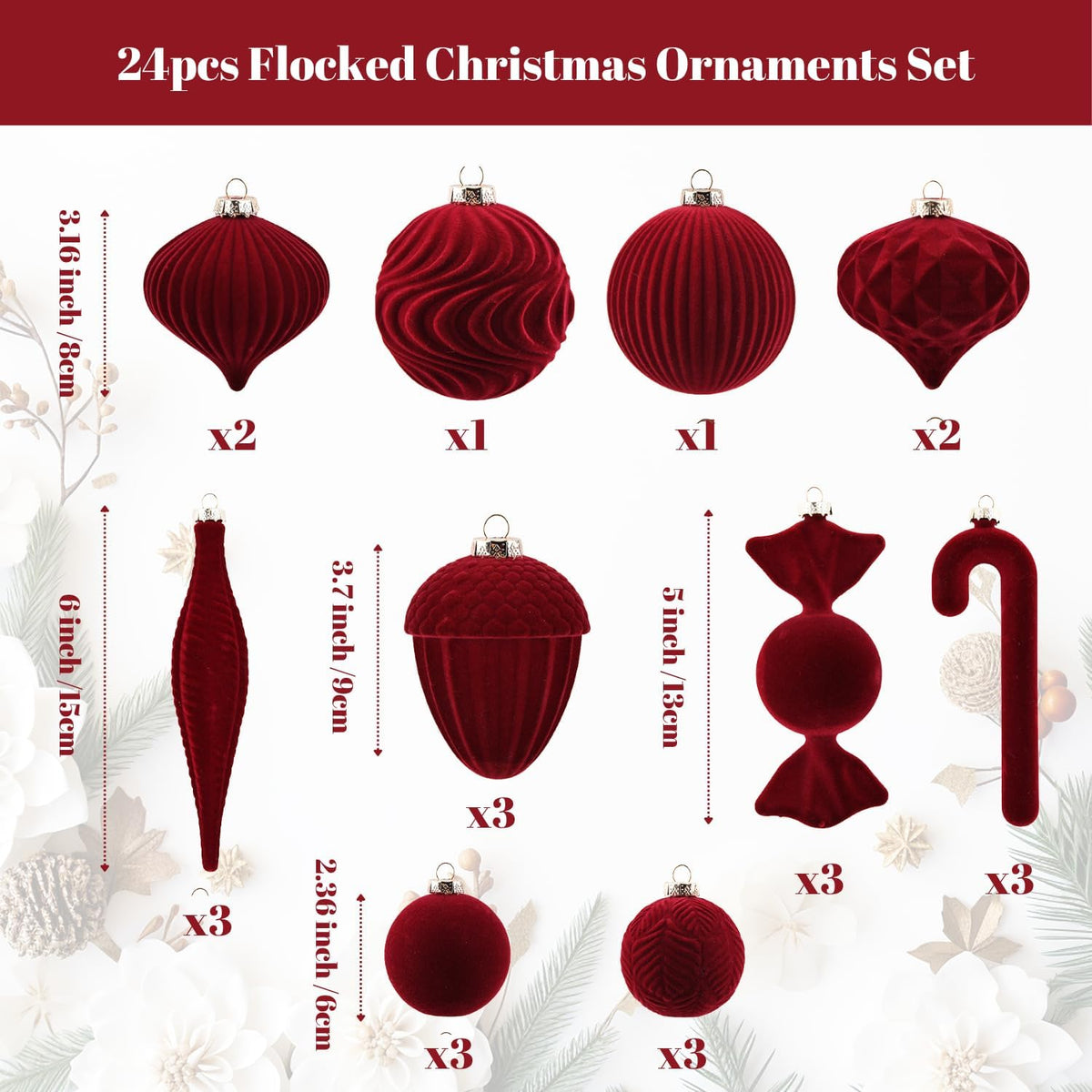 Velvet Ornaments for Christmas Tree Decorations - Burgundy Flocked Christmas Ornament Set for Winter Holiday Decor - Shatterproof Xmas Balls Ornaments Bulk - Pack of 24