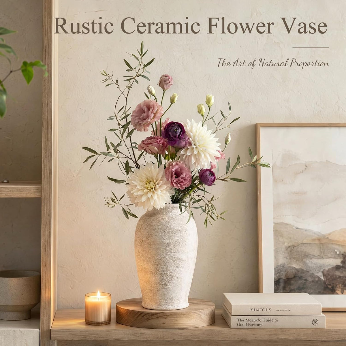 DomeStar Tall Ceramic Flower Vase, 11 Inch Wabi-Sabi Stone Texture, Beige