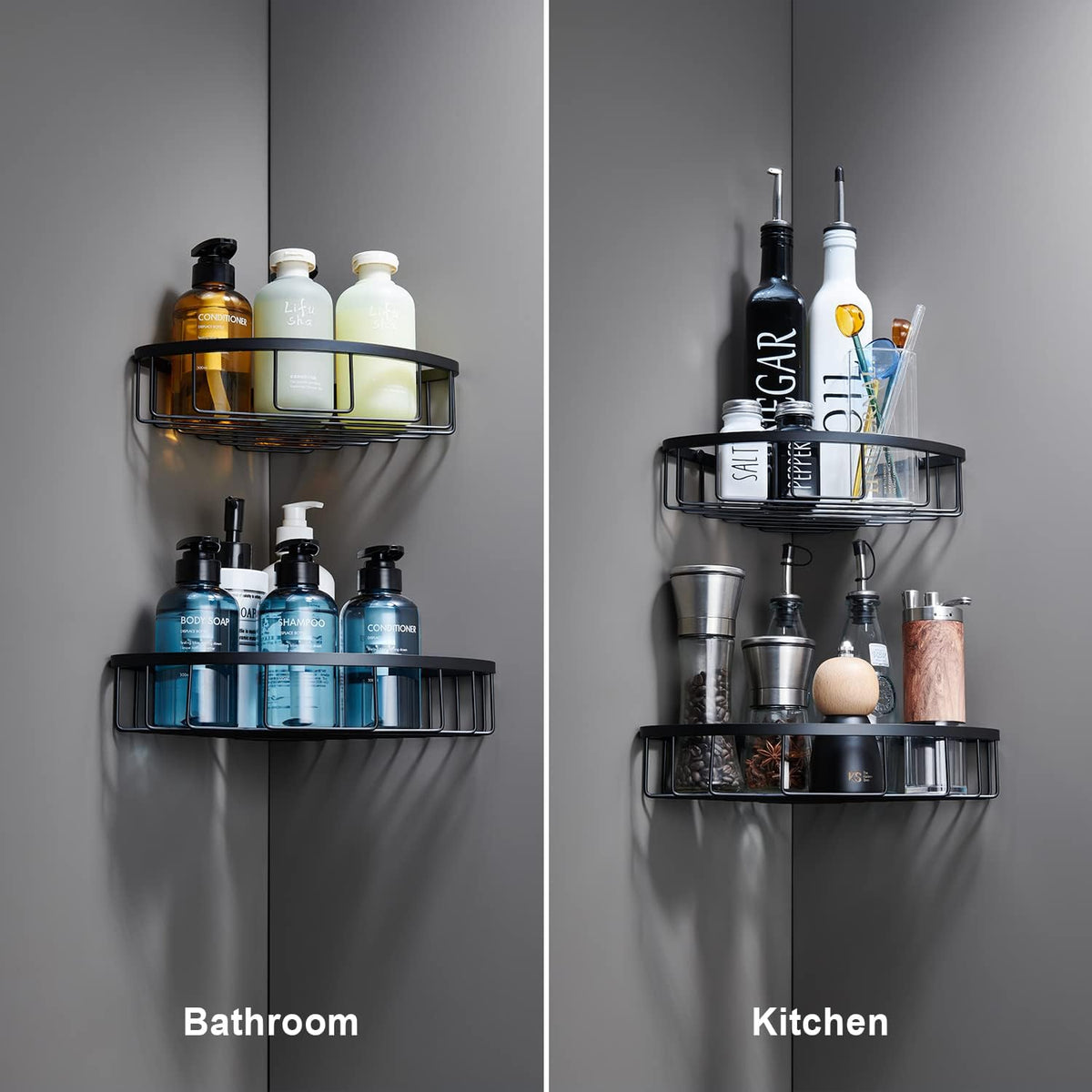 [2 Pack] Corner Shower Caddy Shelf Organizer, Stainless Steel Heavy Duty Rust-Proof Shampoo Holder, Wall Mounted Storage Rack for Bathroom & Kitchen, Matte Black