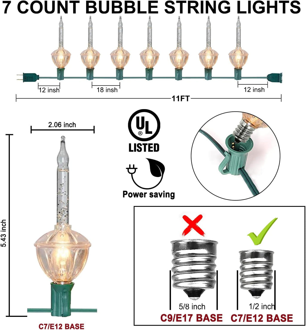 Couah Christmas Bubble Lights,Vintage Light String Set 11Ft 7 Clear Bubble Fluids with Gold Glitter C7/E12 Candelabra Base UL-Listed for Holiday Christmas Lighting Green Wire