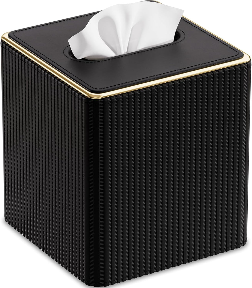 GORESE Square Tissue Box Cover with Gold-Tone Edging, PU Leather Tissue Box Holder for Kleenexs, Decorative Tissue Cover for Bathroom Living Room Car, Modern Cube Kleenexs Holder, Black