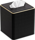 GORESE Square Tissue Box Cover with Gold-Tone Edging, PU Leather Tissue Box Holder for Kleenexs, Decorative Tissue Cover for Bathroom Living Room Car, Modern Cube Kleenexs Holder, Black