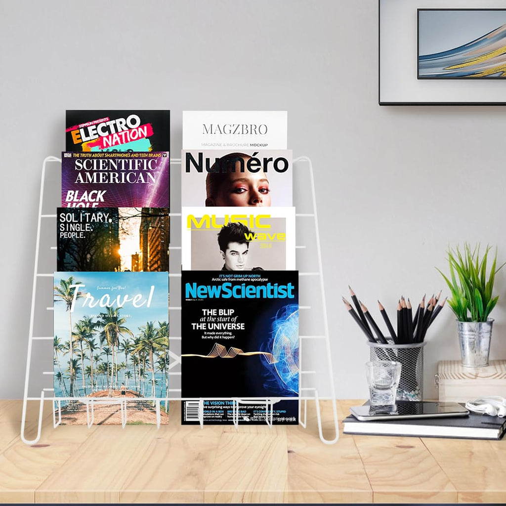 Wire Magazine Rack with 4 Open Tiers, Holds Both Magazines and Brochures, Includes Sign Channel at the Front - White Wire