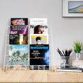 Wire Magazine Rack with 4 Open Tiers, Holds Both Magazines and Brochures, Includes Sign Channel at the Front - White Wire