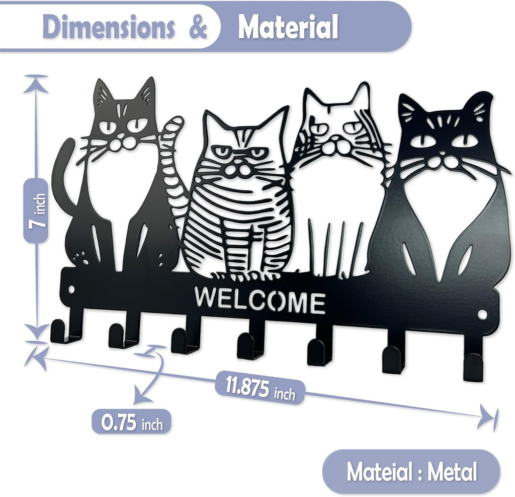 Key Holder for Wall, 11.88'' x 7'' Black Metal Cat Shape