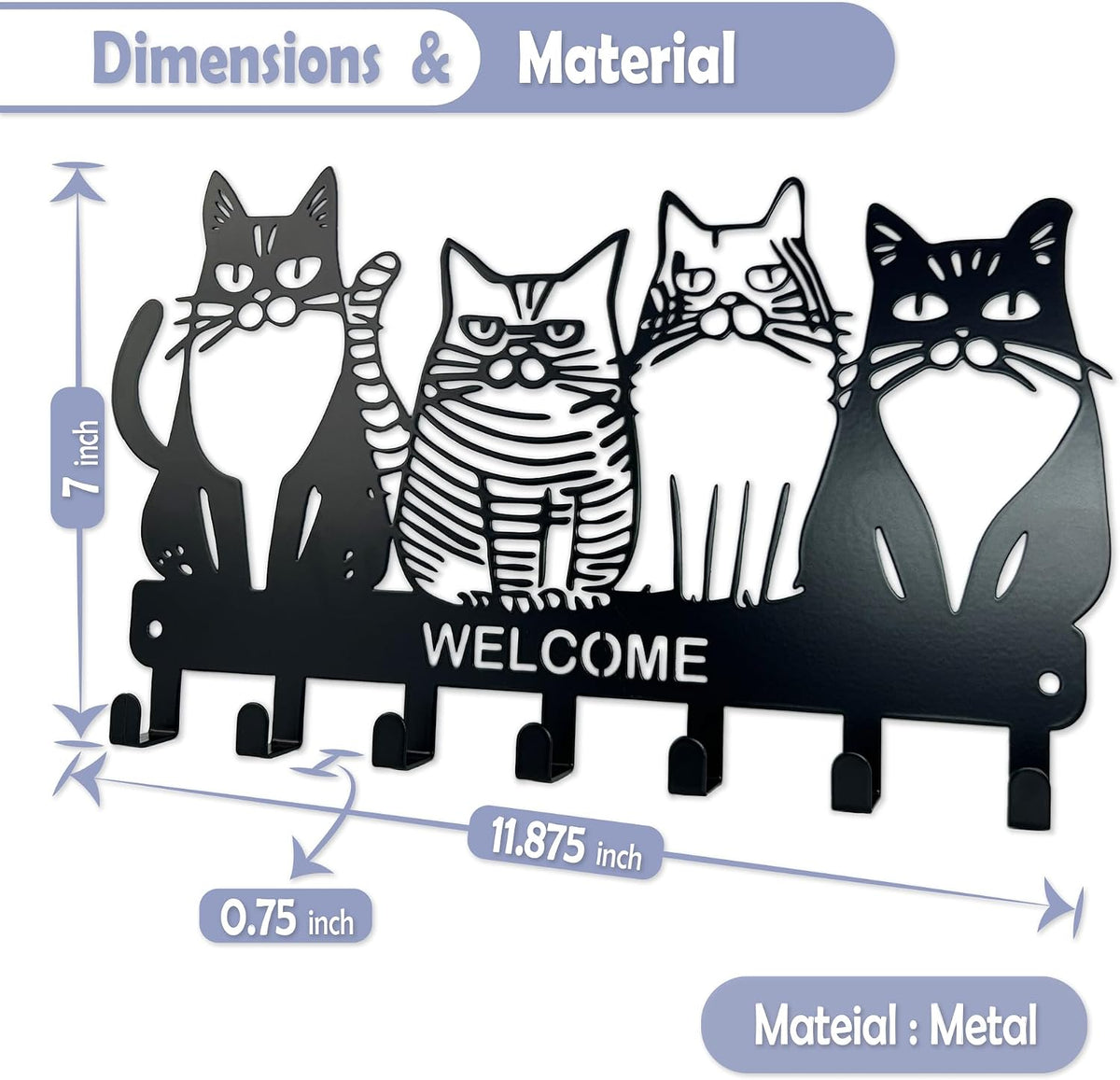 Key Holder for Wall, 11.88'' x 7'' Black Metal Cat Shape