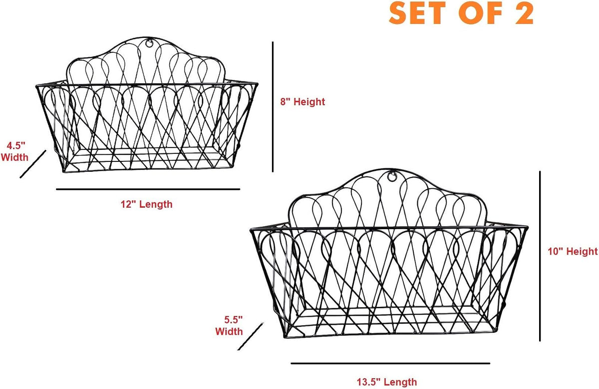 Farmhouse Hanging Wall Storage Baskets Set of 2, Metal Wire Wall-Mounted Basket Organizer for Fruits, Vegetables, Flowers, Kitchen, Pantry, Bathroom, Entryway, Rustic Home Decor