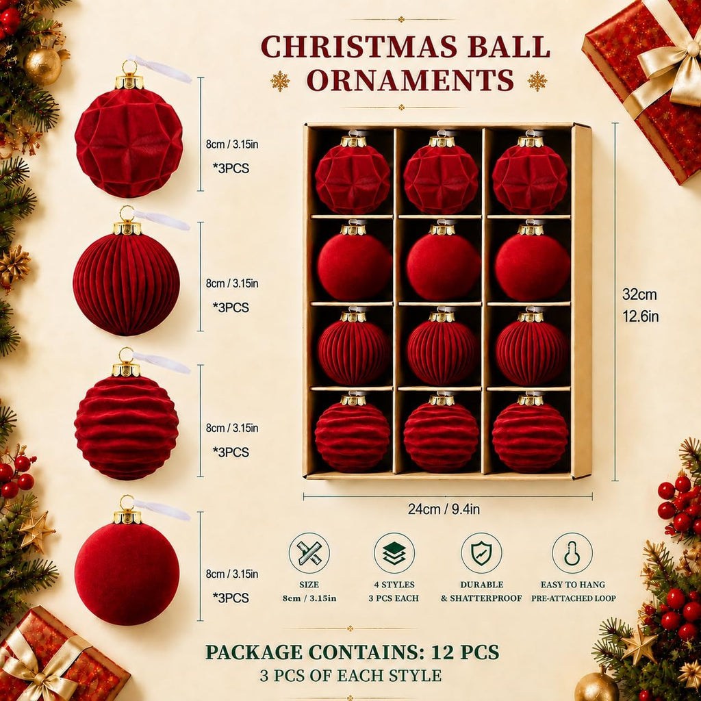 12 Pcs Velvet Ornaments for Christmas Tree Decorations, 3.15 Inch Red Velvet Christmas Balls with 4 Different Shapes, Shatterproof Velvet Ornaments Set for for Xmas Tree, Wreath, Holiday Home Decor