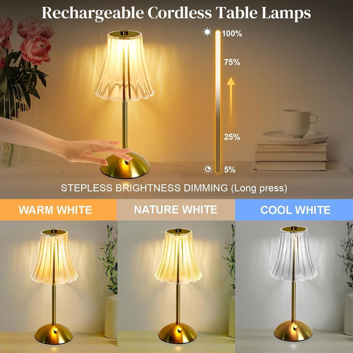 Cordless Table Lamp Rechargeable Desk Lamp for Nightstand,Bedside,Kitchen,Living Room High Capacity Battery Powered-2600mAh