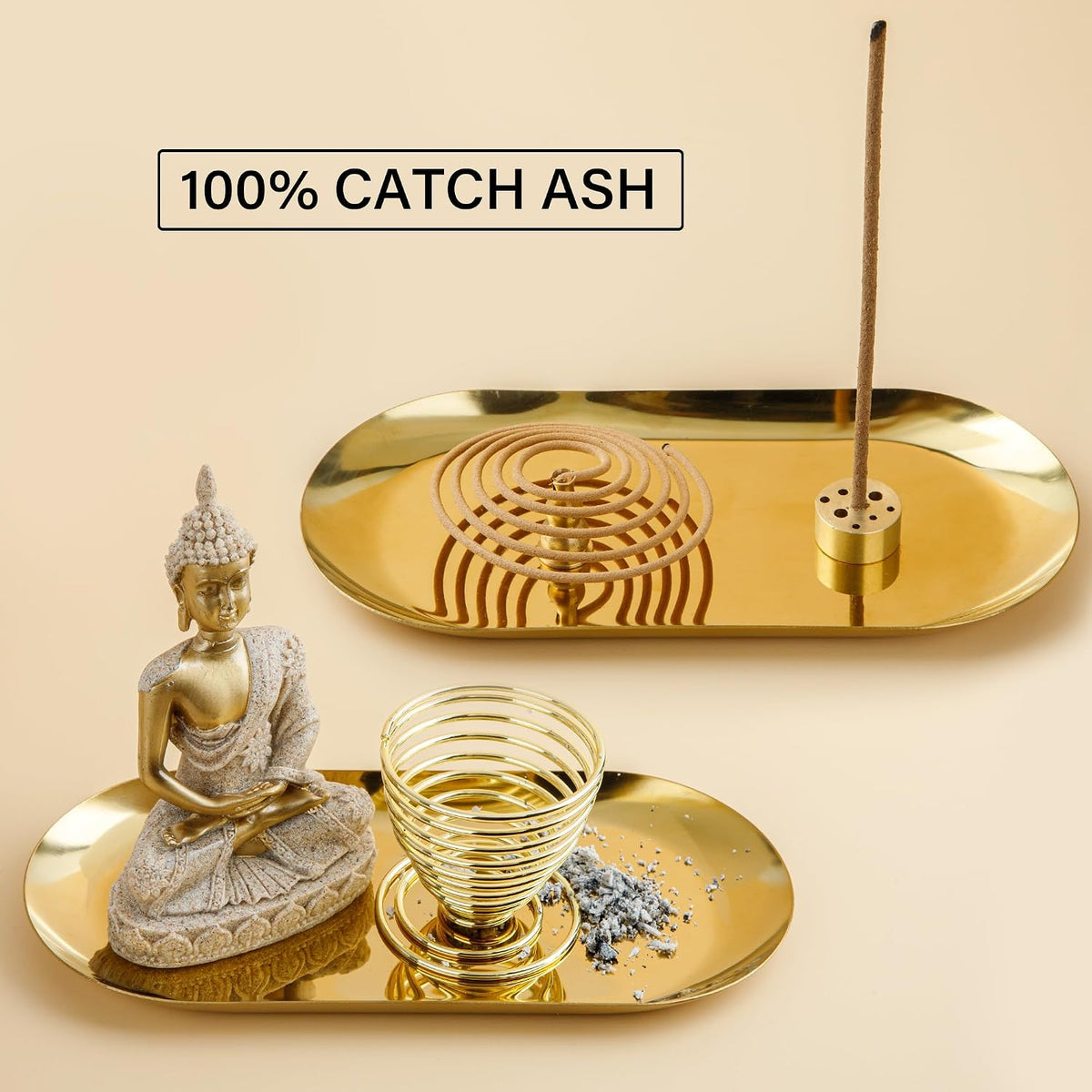 ZenBless 6 in 1 Incense Holder - Palo Santo, Buddha Statue, Sage & Incense Burner Holder for Sticks/Coil/Cones, Gold Oval Ash Catcher