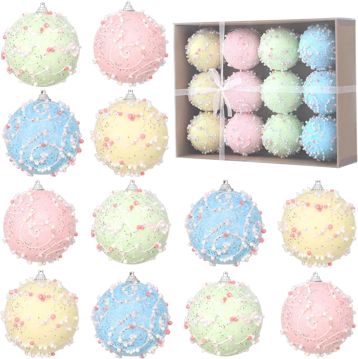 12 Pcs Pastel Glitter Foam Christmas Ornaments, Shatterproof Hanging Balls