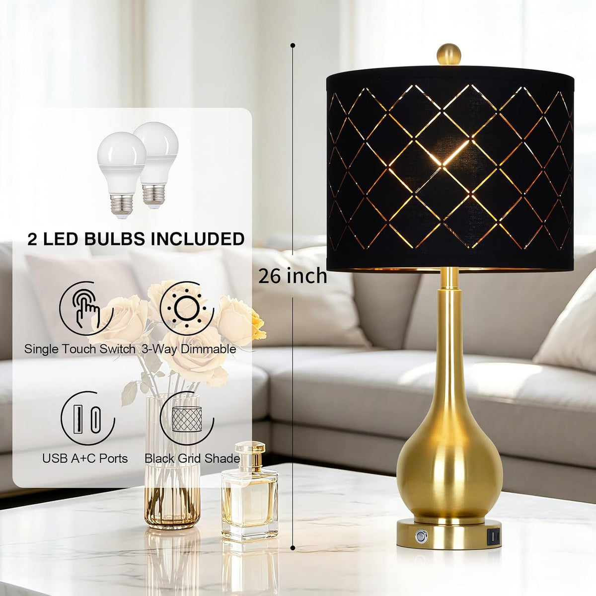 26" Gold Table Lamps Set of 2 for Bedroom Nightstand & Living Room