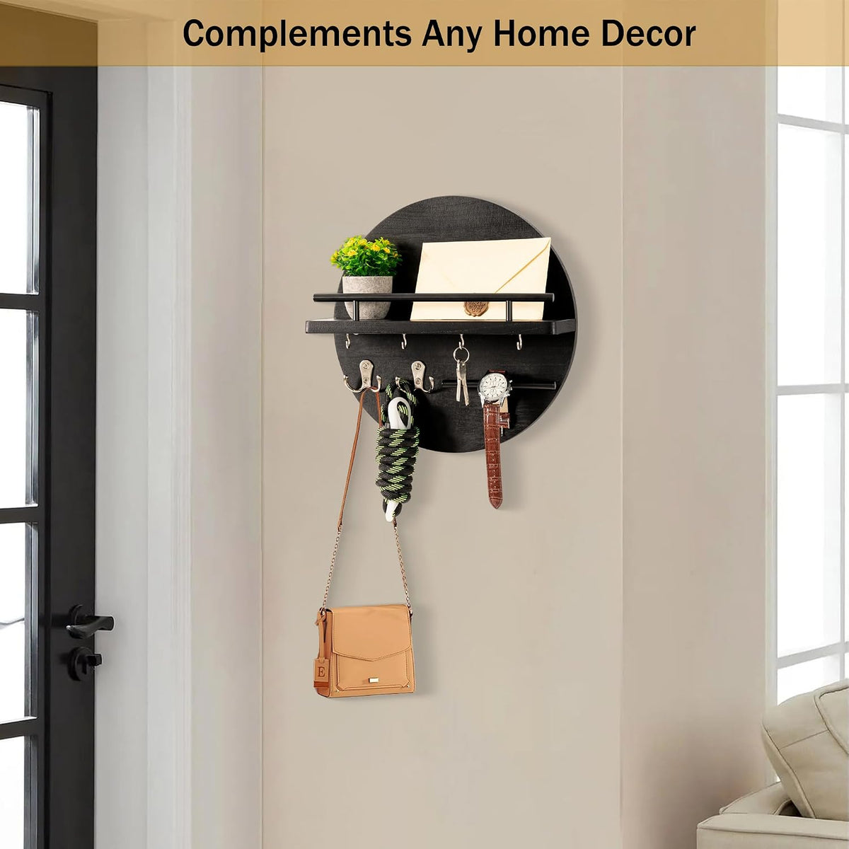 Key Holder Wall Mount with Shelf and Hooks, Mail Organizer for Wall, Black