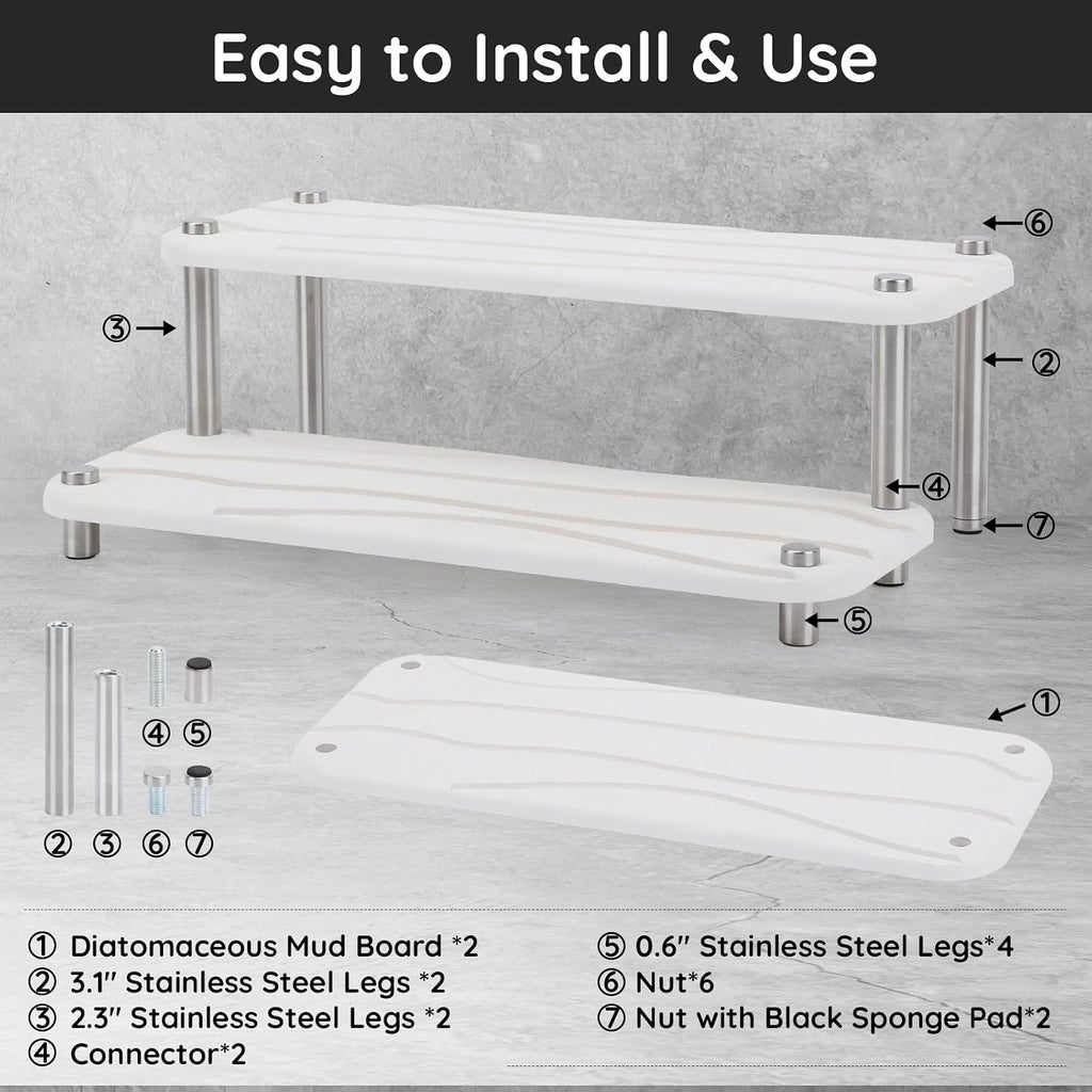 Segbeauty 2 Tier Fast Dry Diatomaceous Vanity Tray, 11x4.3in Water Absorbing Stone Drying Tray, Quick Drying Bathroom Counter Dish Soap Dispenser Rack, Kitchen Counter Sink Organizer Sponge Holder