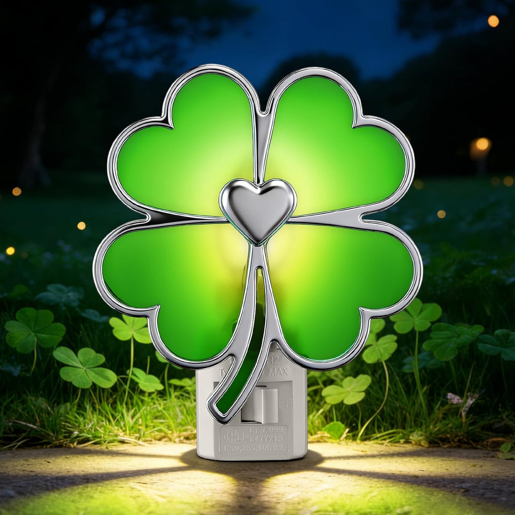 Hohean St. Patrick's Day Lucky Four Leaf Clover Night Light – UL Listed Plug in Irish Decor Lamp with C7 LED, 360° Rotating Plug for Bedroom, Bathroom & Hallway – Green Holiday Lighting Gift