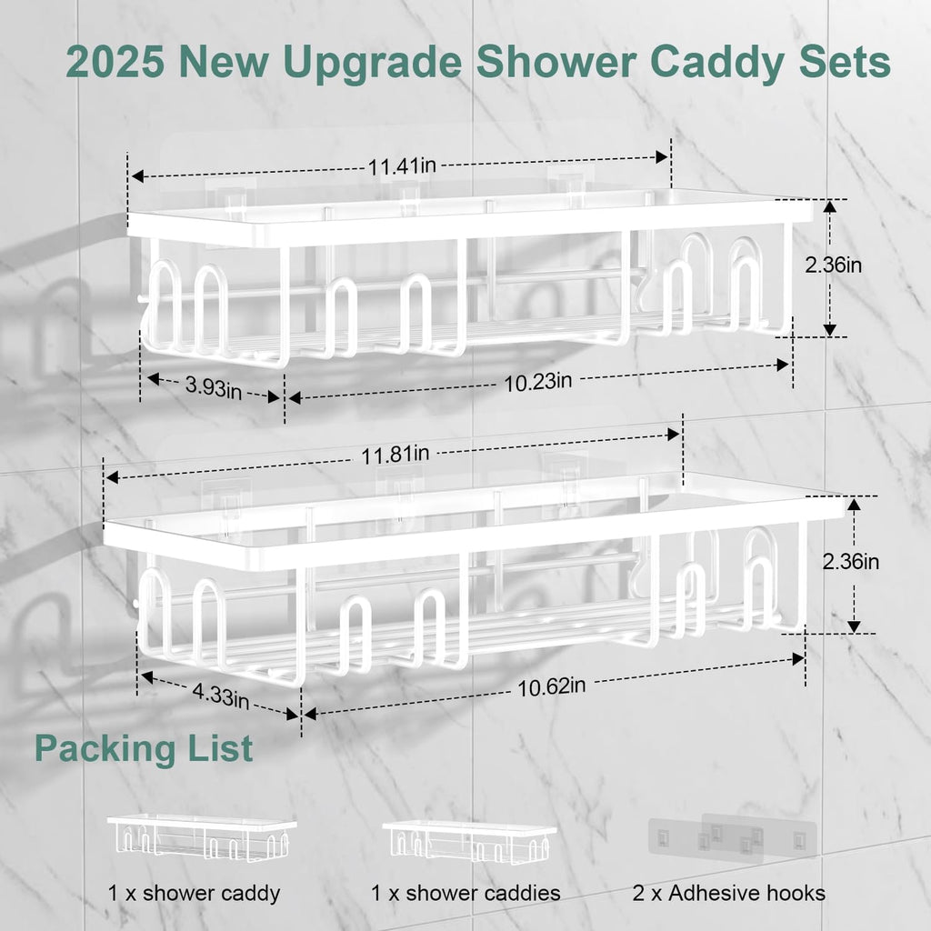 Getsrichfc Shower Caddy Adhesive, Rustproof Shower Shelves for Inside Shower, Large Capacity Bathroom Organizers and Storage, Shower Storage with Removable Hooks, No Drill Bathroom Accessories White