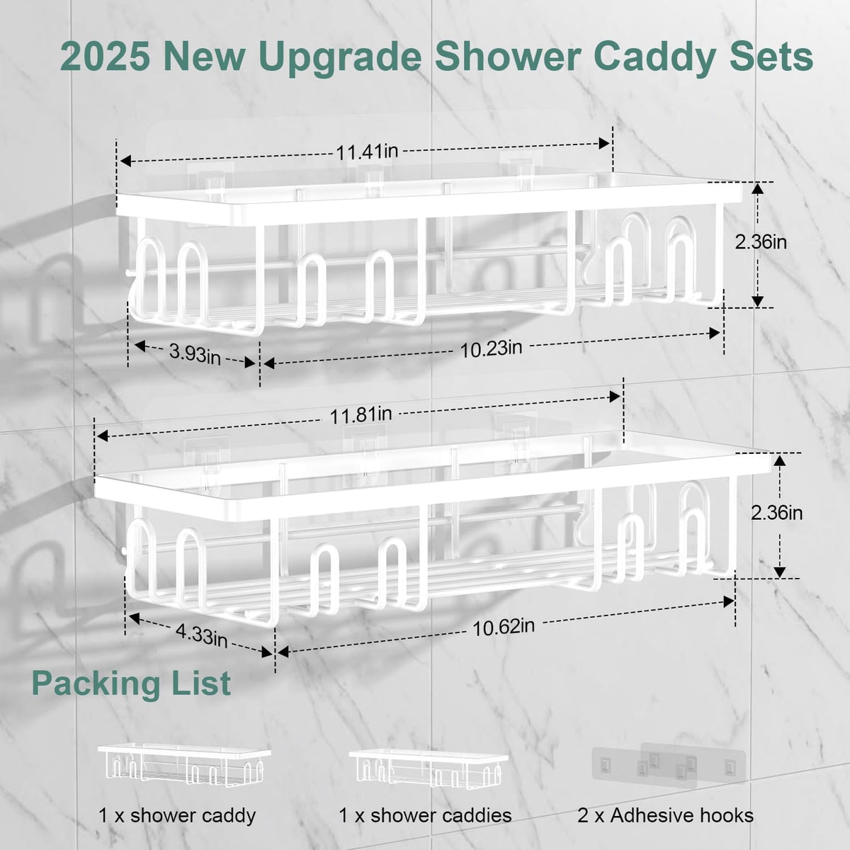 Getsrichfc Shower Caddy Adhesive, Rustproof Shower Shelves for Inside Shower, Large Capacity Bathroom Organizers and Storage, Shower Storage with Removable Hooks, No Drill Bathroom Accessories White