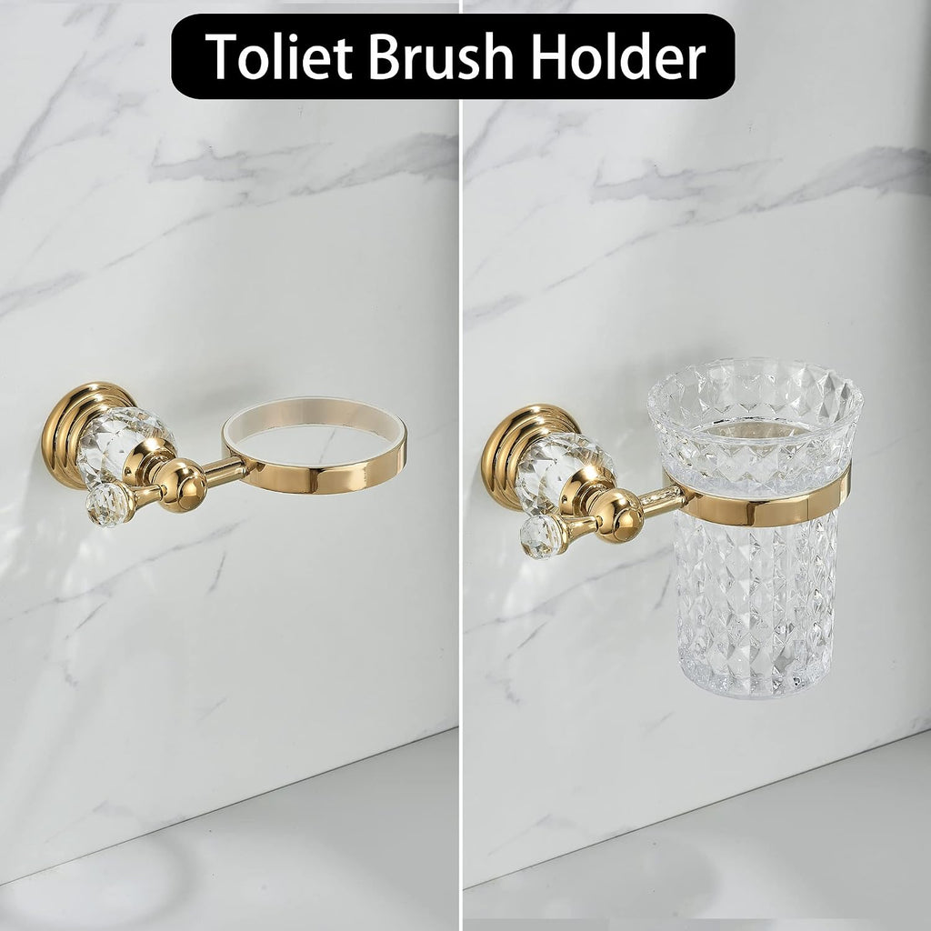 WOLIBEER Crystal Toilet Brush Holder, Polished Gold Brush Handle with Replaceable Brush Head, Stainless Steel Bathroom Cleaning Set Wall Mounted