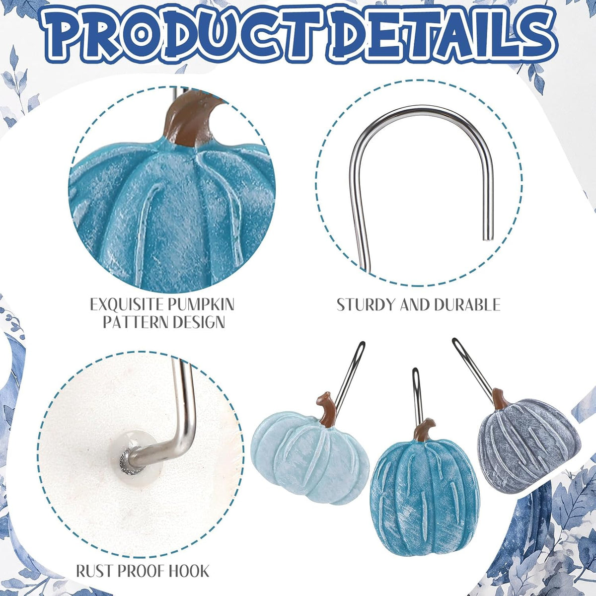 Weysat 12 Pcs Blue Pumpkin Fall Shower Curtain Hooks Bathroom Decor
