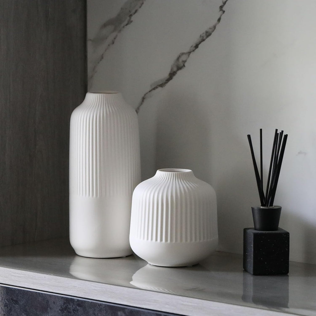 White Ceramic Vase Set of 2, Flower Vases Home Decor, Boho Vase for Pampas Grass, White Vases for Centerpieces Table Entryway Shelf