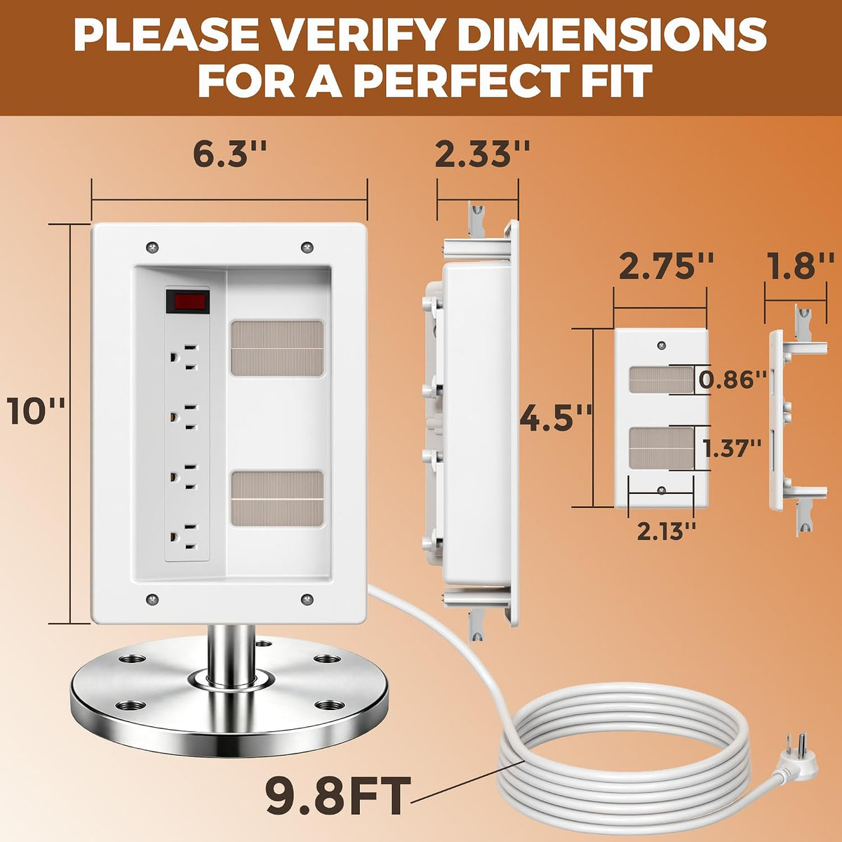In Wall Cable Management Kit with Recessed Outlet Box, 4 Outlets, 9.8FT Cord, Hand Saw & Cable Ties, TV Cord Hider for Wall Mounted TV, Fits All Plugs, Easy Safe Cable Management for TV & Home Theater