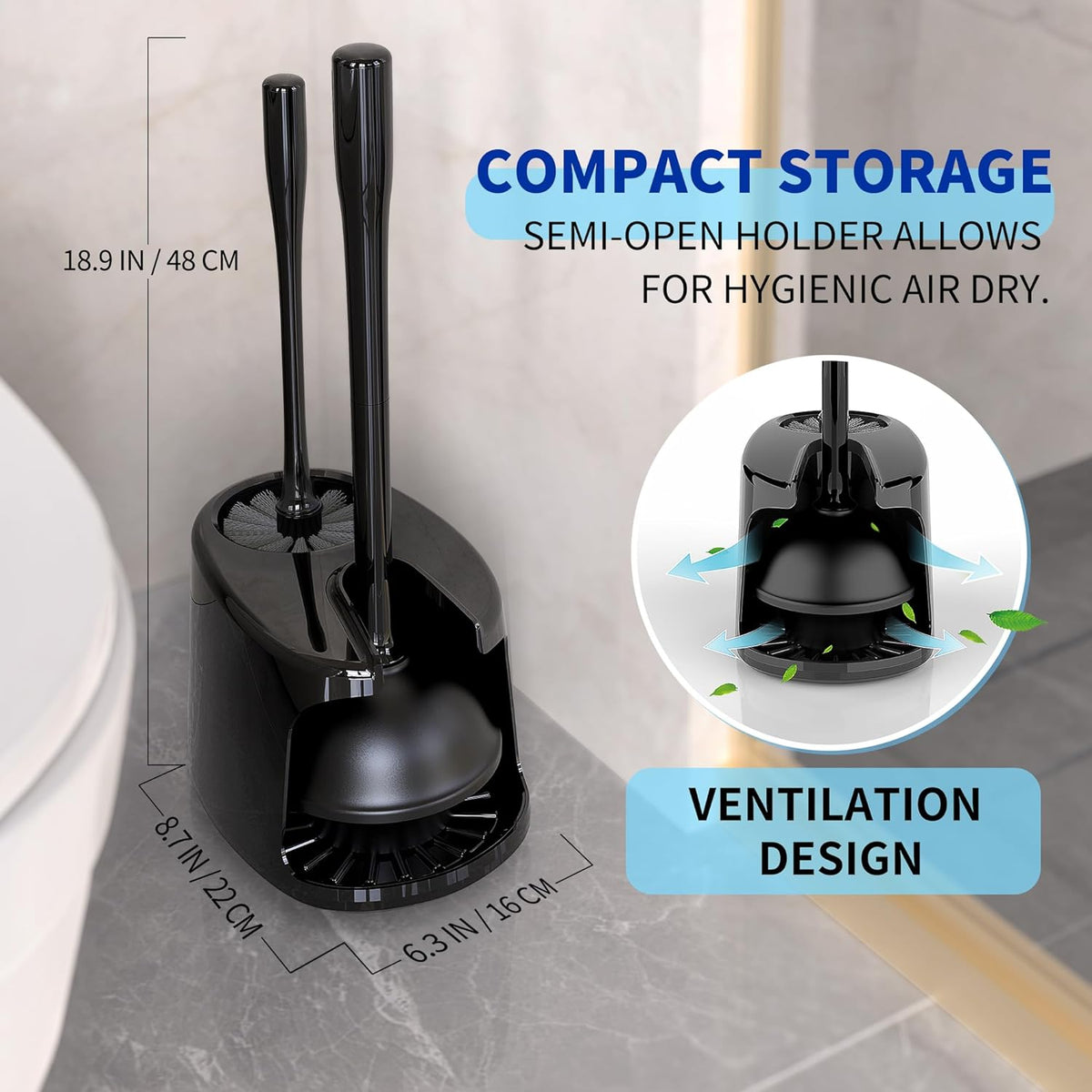 MR.SIGA Toilet Plunger and Brush with Holder for Toilet Cleaning, Black
