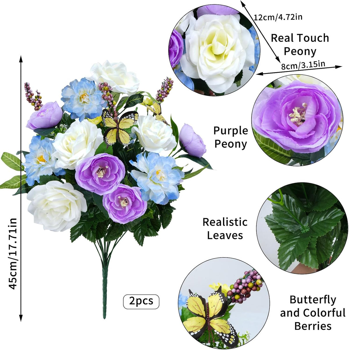 2Pcs Spring Cemetery Flowers for Grave, Artificial Rose, Purple, 17.7in