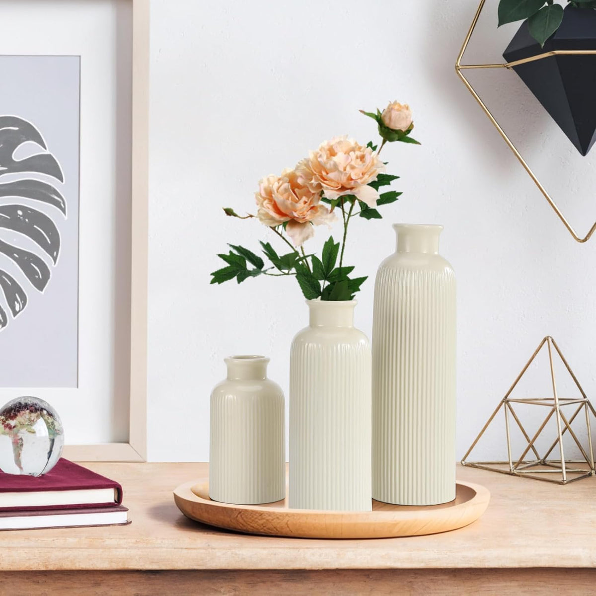 Small Beige Ceramic Vase Set of 3, Boho Modern Beige Flower Vase Room Decor, Farmhouse Decor, Vases for Your Kitchen, Bathroom, Bedroom, Living Room, Office&Shelf Centerpiece Table Decorations