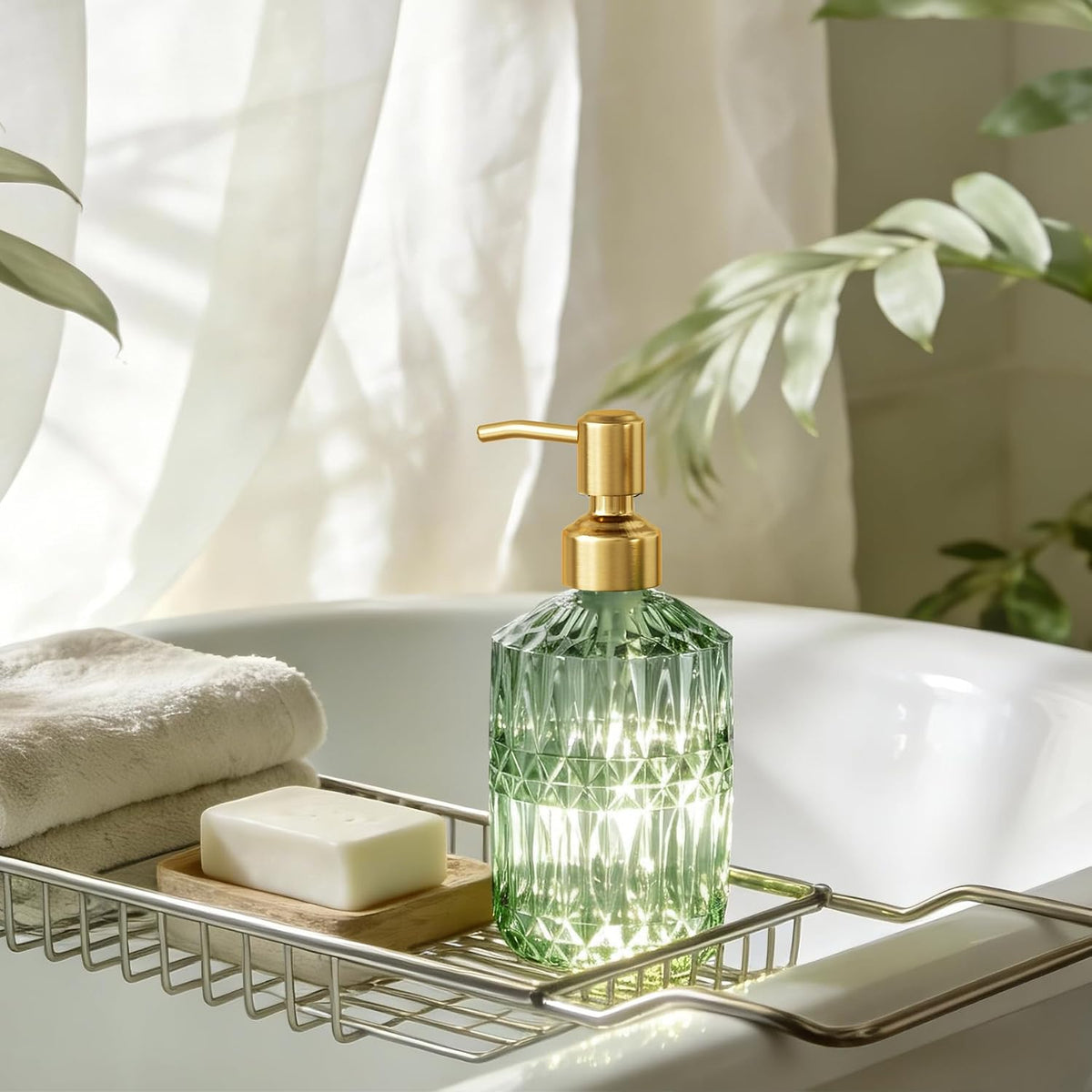 AmazerBath Soap Dispenser Green Glass Soap Dispenser with Pump Stainless Steel, 14.2OZ Luxury Gold Hand Soap Dispensers Bottles Bathroom, Refillable Kitchen Soap Dispenser for Dish Soap, 1 Pack