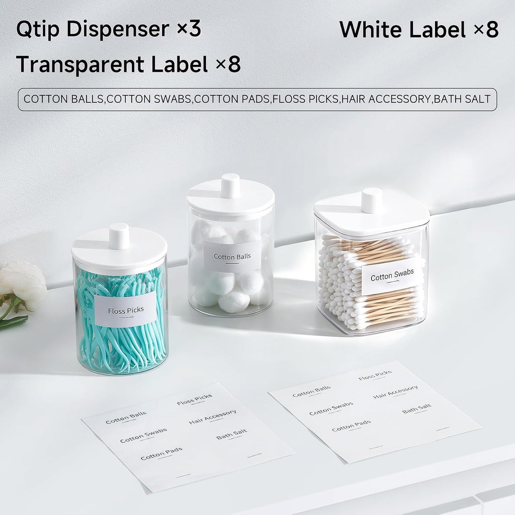 3 Pack Glass Qtip Holder Dispenser- 10 oz Clear Canister Apothecary Jar, Bathroom Vanity Storage Organizer Set for Cotton Swabs, Pads, Floss Picks, Small Containers for Makeup Storage (White)