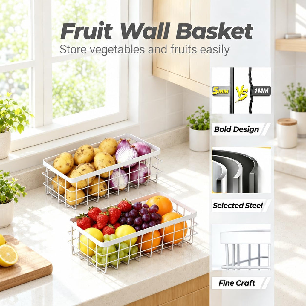 2 PCS Adhesive Wire Wall Baskets, Hanging Small Storage Organizer, L+White