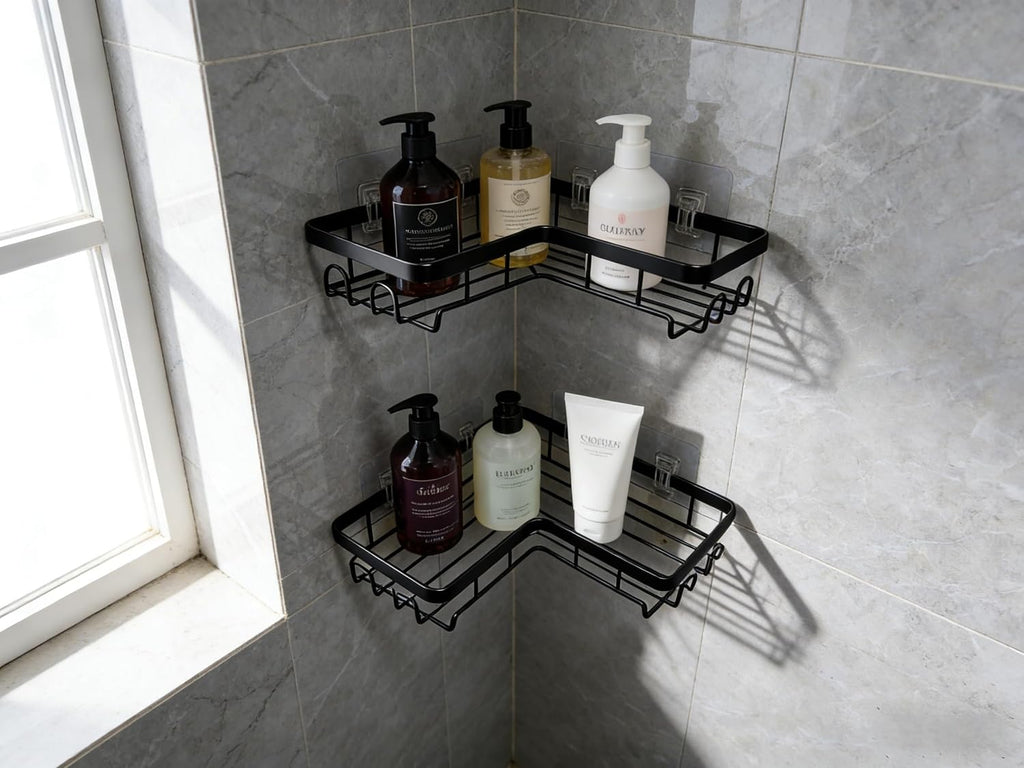 Shower Caddy 2 Pack, No Drilling Adhesive Bathroom Organizer Shelf Rack, Corner Shower Shelf with Hooks for Home Decor & Storage