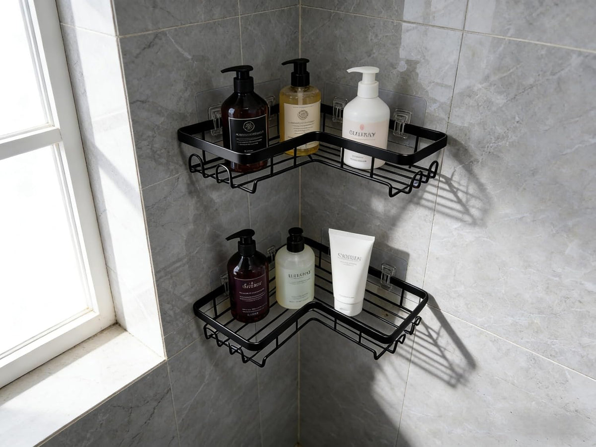 Shower Caddy 2 Pack, No Drilling Adhesive Bathroom Organizer Shelf Rack, Corner Shower Shelf with Hooks for Home Decor & Storage