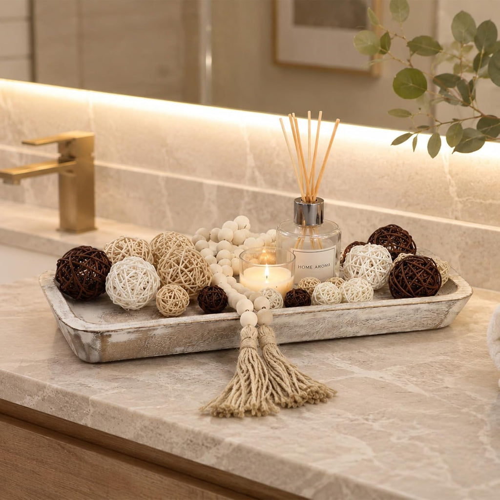 20 Pcs Wooden Dough Bowl Decor, Wood Dough Bowl Wicker Rattan Balls Beads String with Tassel, Wood Rustic Dough-Bowl Decorative for Dining Room Kitchen(White)