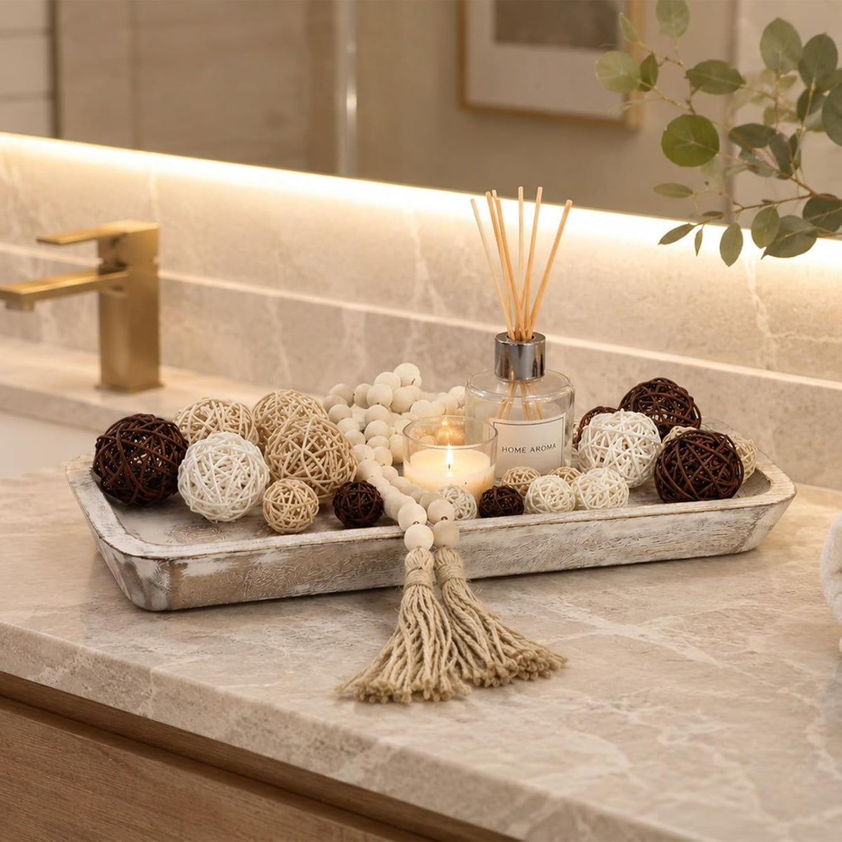 20 Pcs Wooden Dough Bowl Decor, Wood Dough Bowl Wicker Rattan Balls Beads String with Tassel, Wood Rustic Dough-Bowl Decorative for Dining Room Kitchen(White)