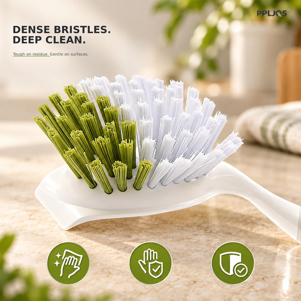 Dish Brush Scrub Brush with Handle - 3 Pack Stiff Bristles Dish Scrubber for Cleaning Dishes, Pots, Pans, Sink, Cast Iron - Hard Bristles,No Residue (Yellow-Green, Gray, Light Blue)