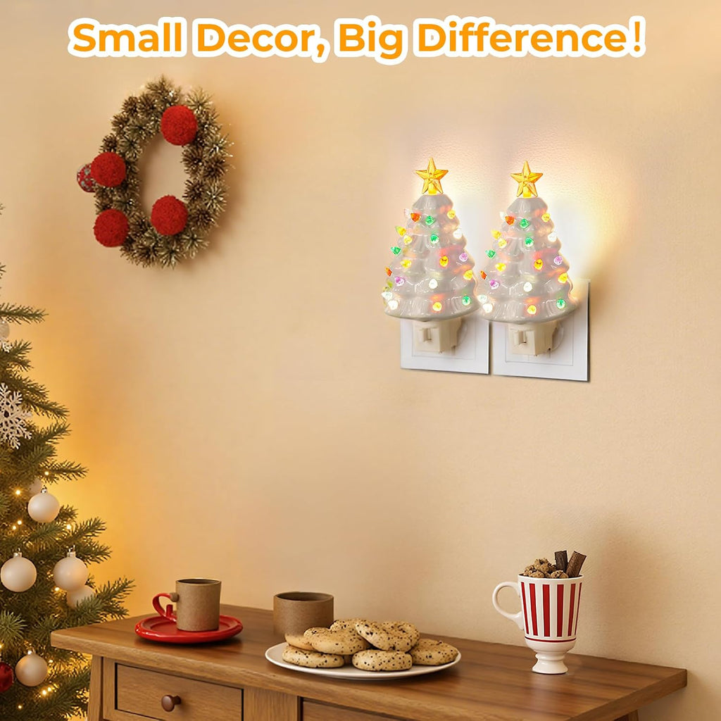 Brightever 2-Pack Ceramic Christmas Tree Night Lights, 6" H UL Certified C7 Christmas Nightlight Plug into Wall with Multicolor Bulbs, On/Off Switch, Vintage Xmas Decor for Bathroom, Bedroom - White