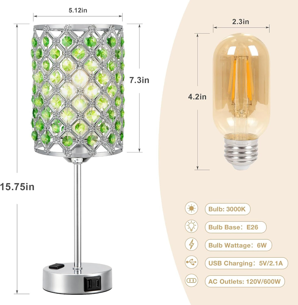 Crystal Lamp for Night Stands, Green Table Lamp for Bedroom, Bulb Included
