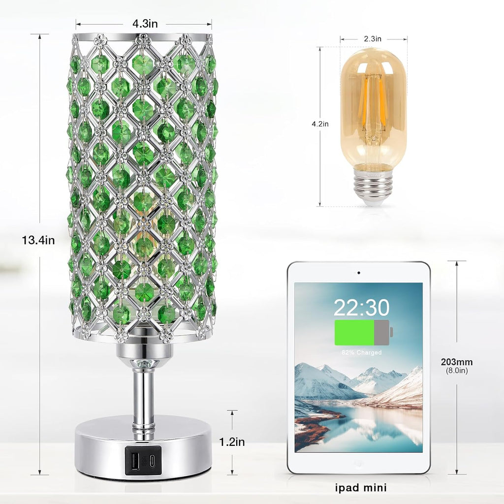 Green Crystal Bedside Lamp, Nightstand Lamp for Bedroom (Bulb included)