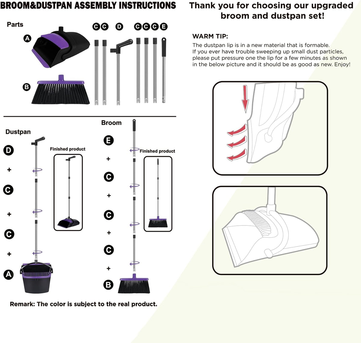 Broom and Dustpan Set, 51" Long Handle Broom with Built-in Comb - Purple