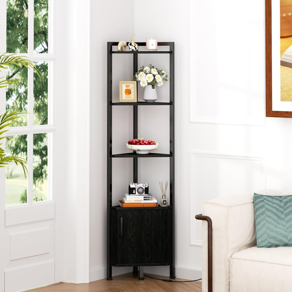 Furnulem 5-Tier Corner Shelf with LED Light,Black Corner Cabinet with Doors
